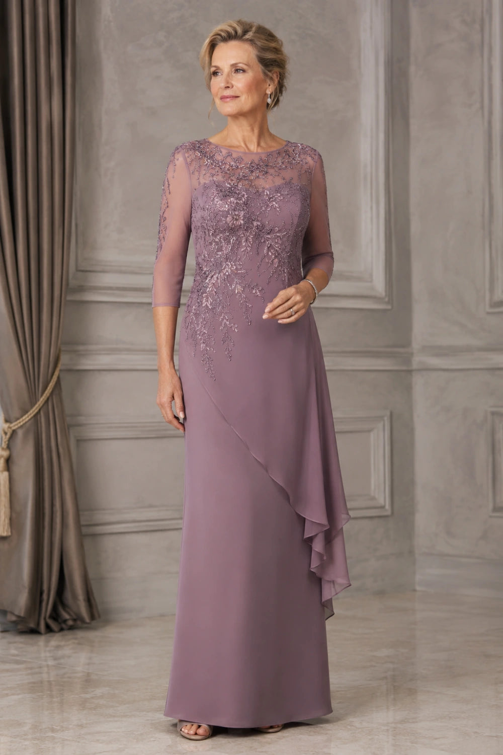 Beaded Illusion-Neck Chiffon Gown with Cascade Ruffle