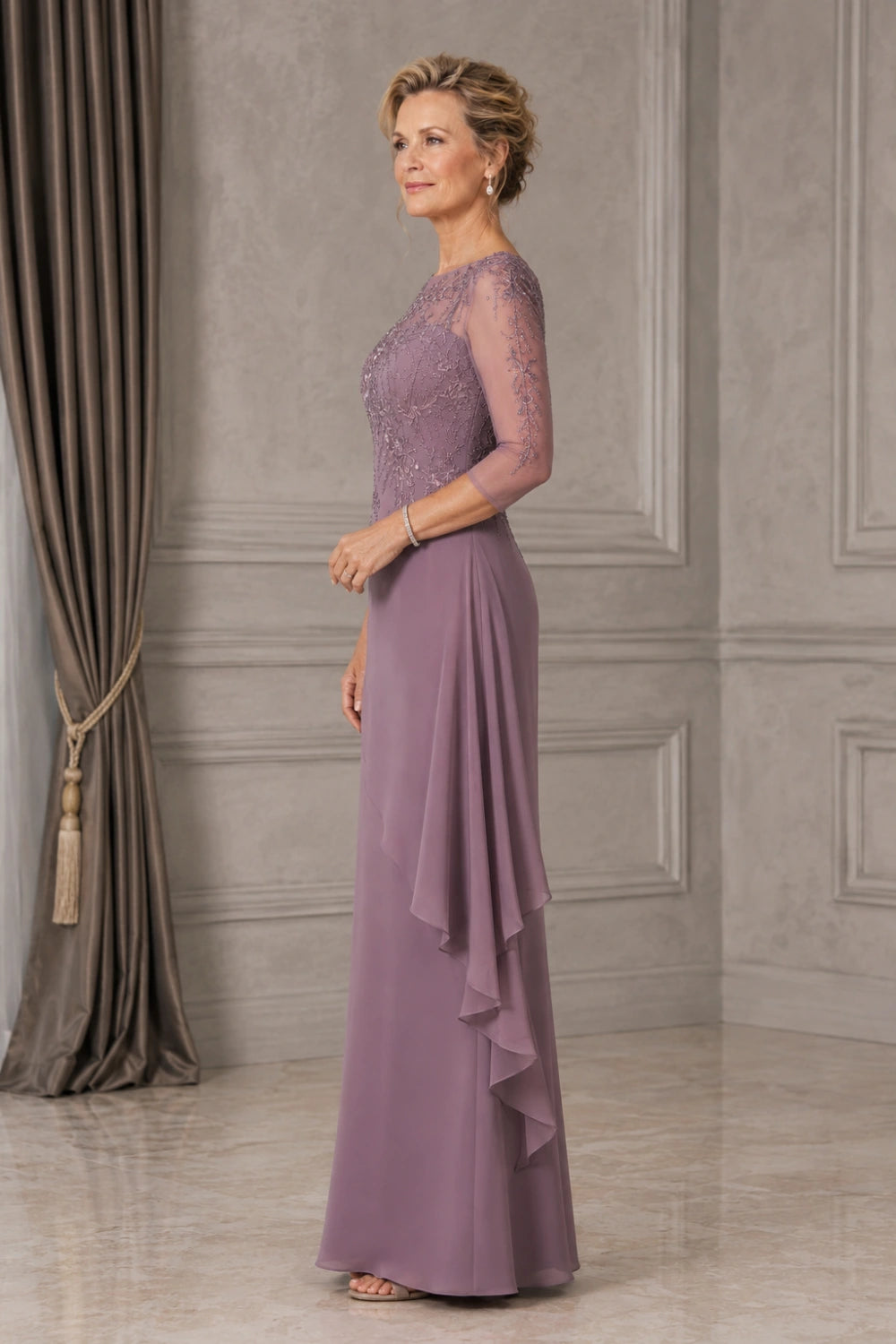 Beaded Illusion-Neck Chiffon Gown with Cascade Ruffle