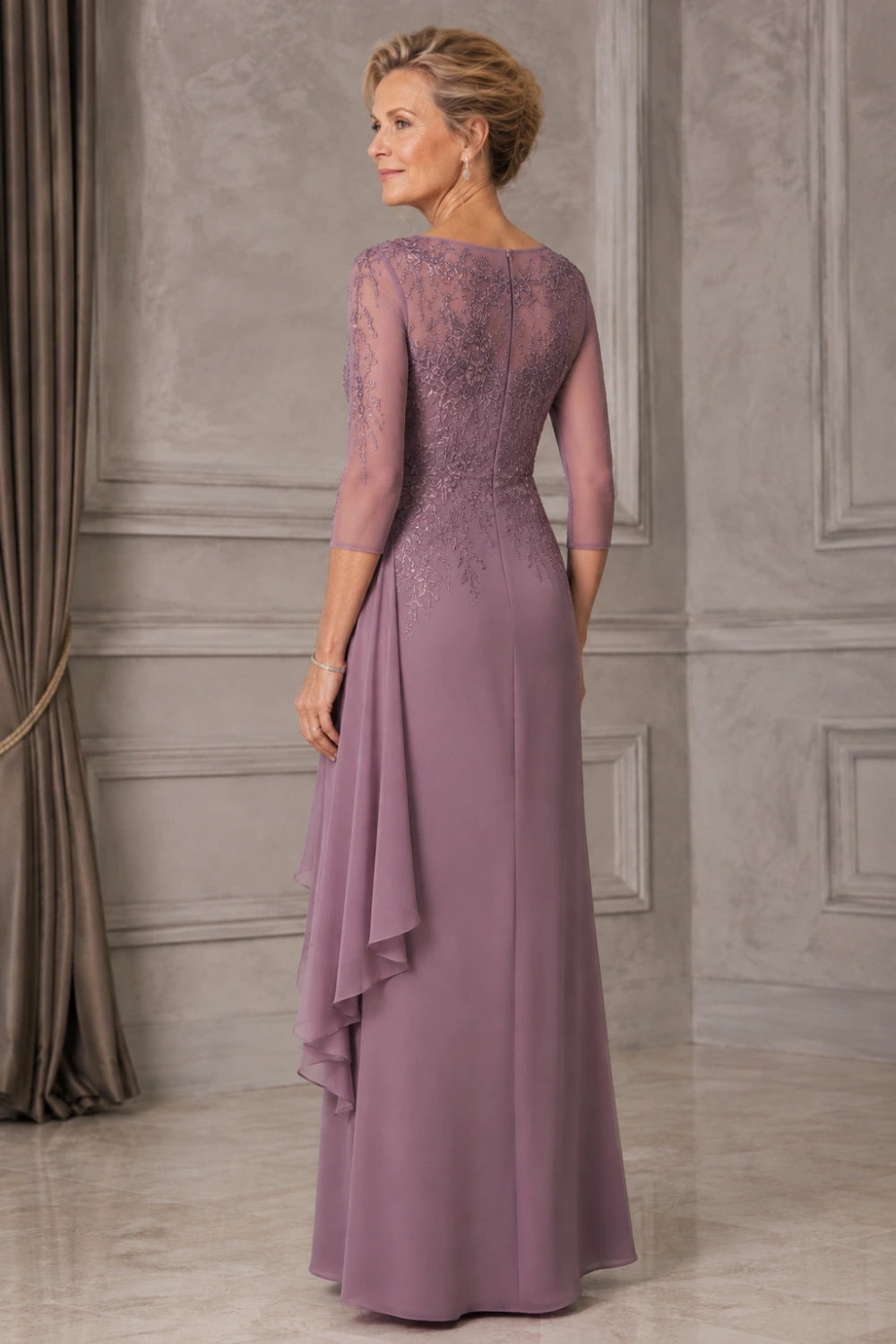 Beaded Illusion-Neck Chiffon Gown with Cascade Ruffle