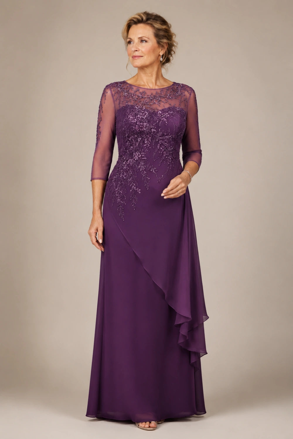 Beaded Illusion-Neck Chiffon Gown with Cascade Ruffle