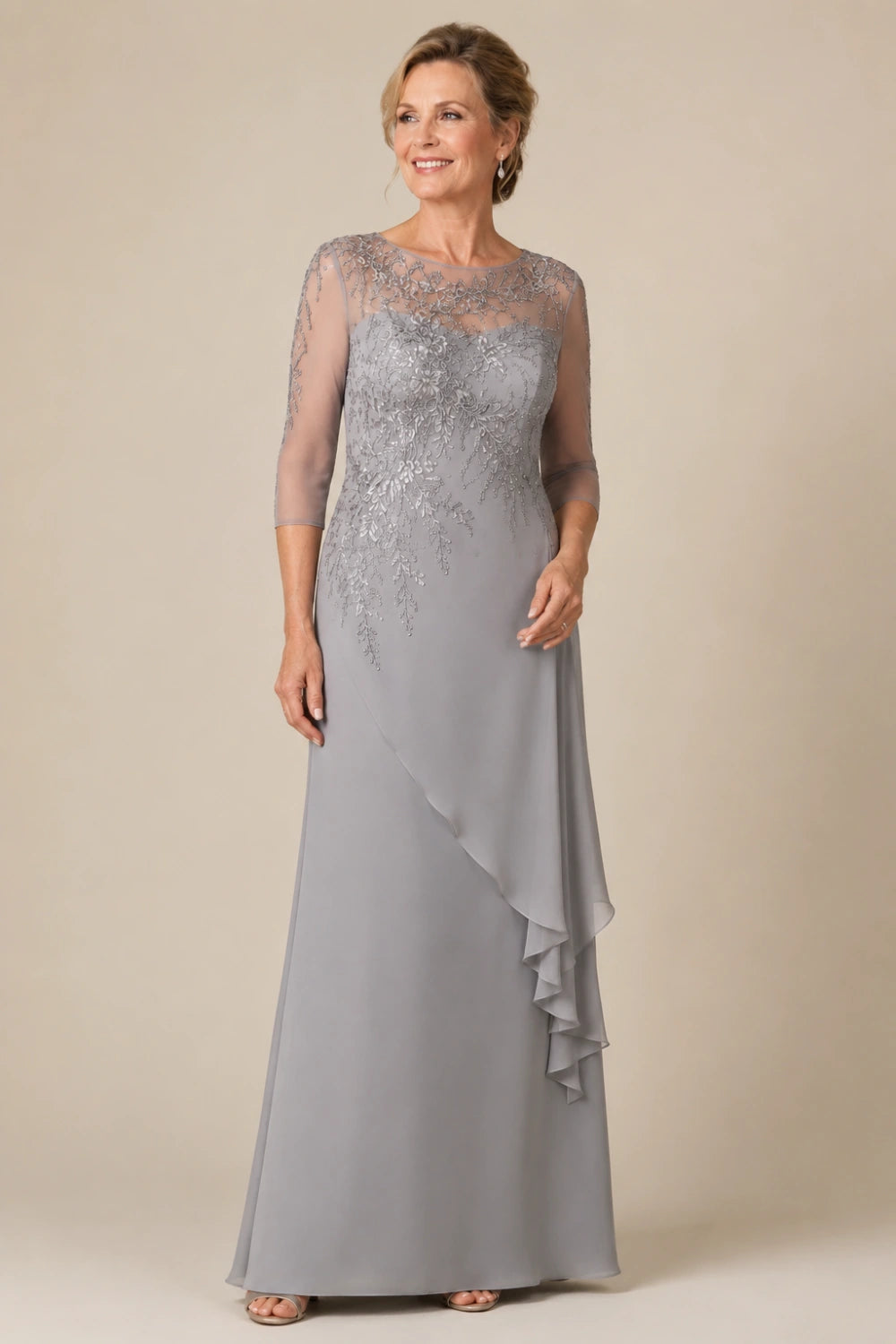 Beaded Illusion-Neck Chiffon Gown with Cascade Ruffle