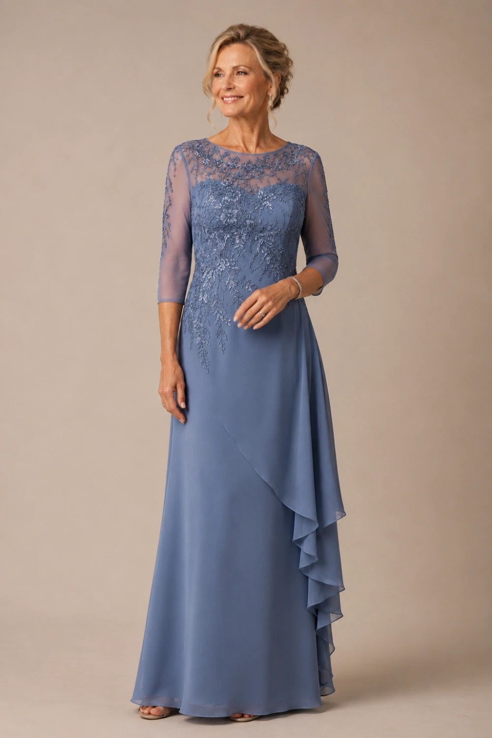 Beaded Illusion-Neck Chiffon Gown with Cascade Ruffle