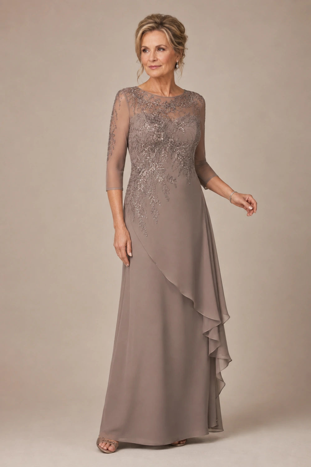 Beaded Illusion-Neck Chiffon Gown with Cascade Ruffle
