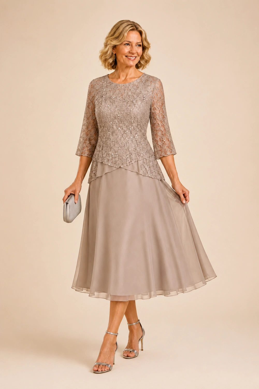 Beaded Lace Asymmetric Midi Chiffon Dress