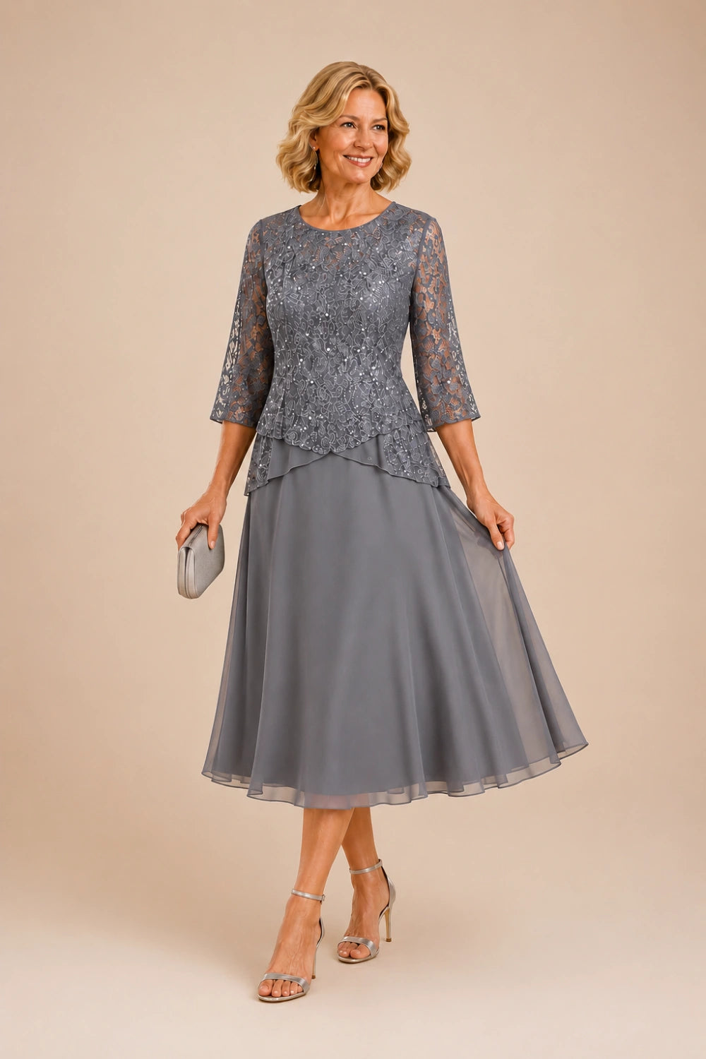 Beaded Lace Asymmetric Midi Chiffon Dress