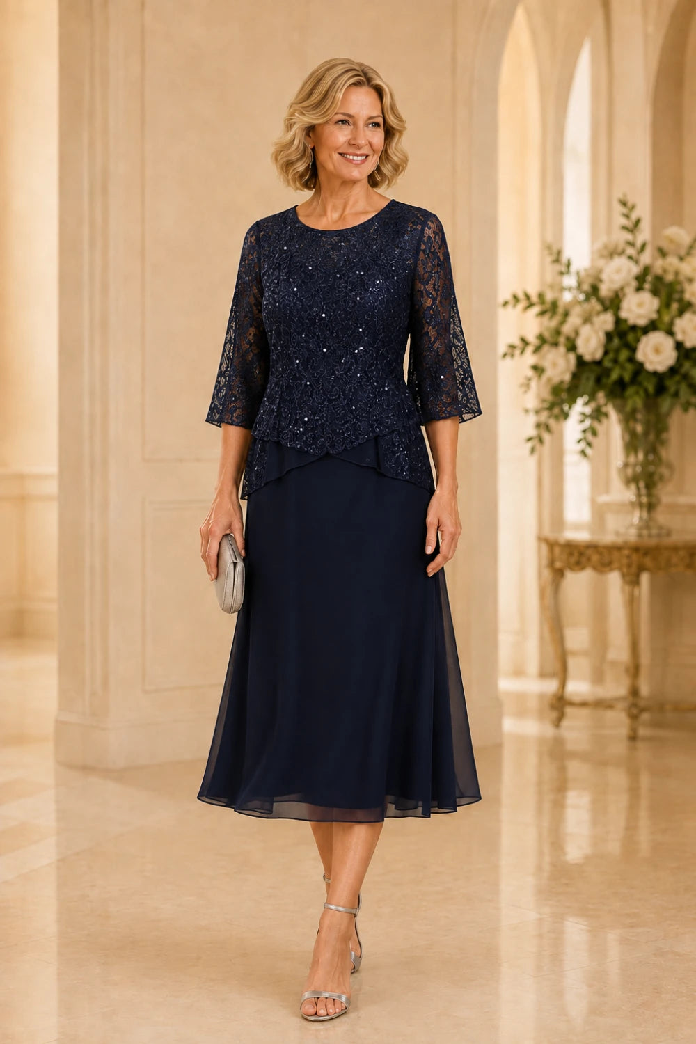 Beaded Lace Asymmetric Midi Chiffon Dress