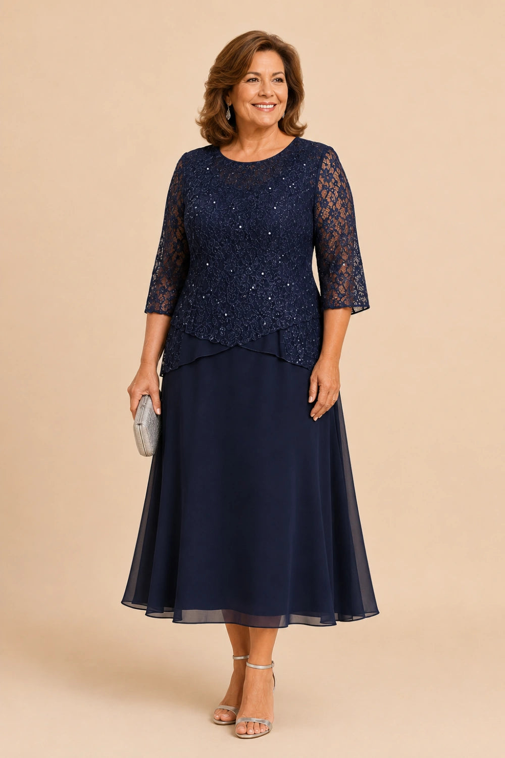 Beaded Lace Asymmetric Midi Chiffon Dress