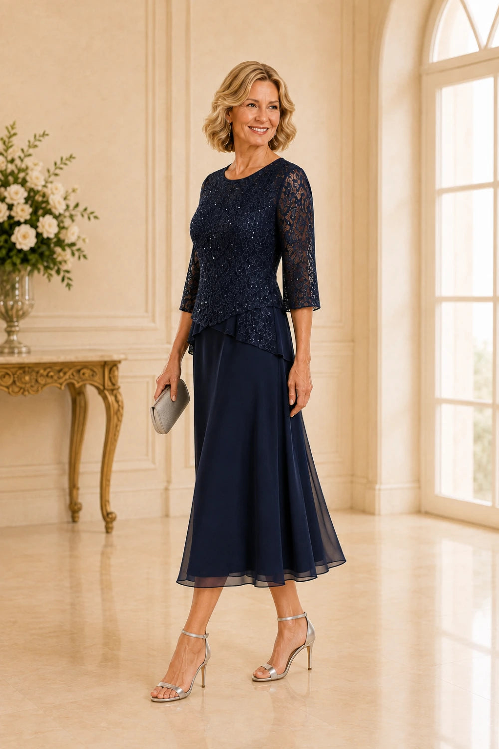 Beaded Lace Asymmetric Midi Chiffon Dress