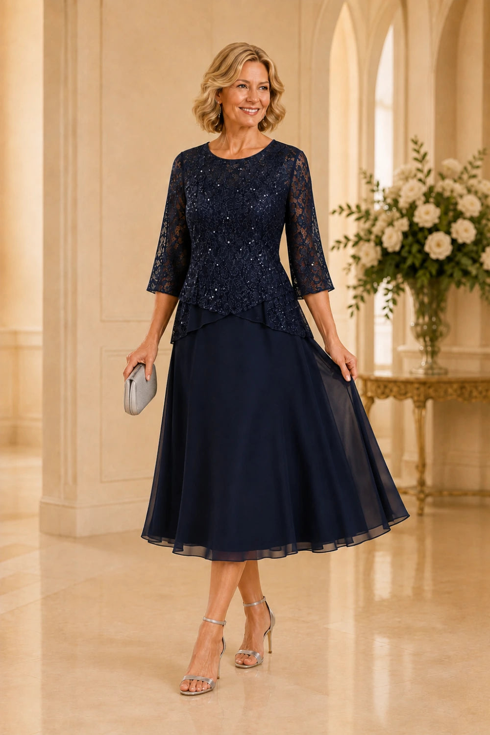 Beaded Lace Asymmetric Midi Chiffon Dress