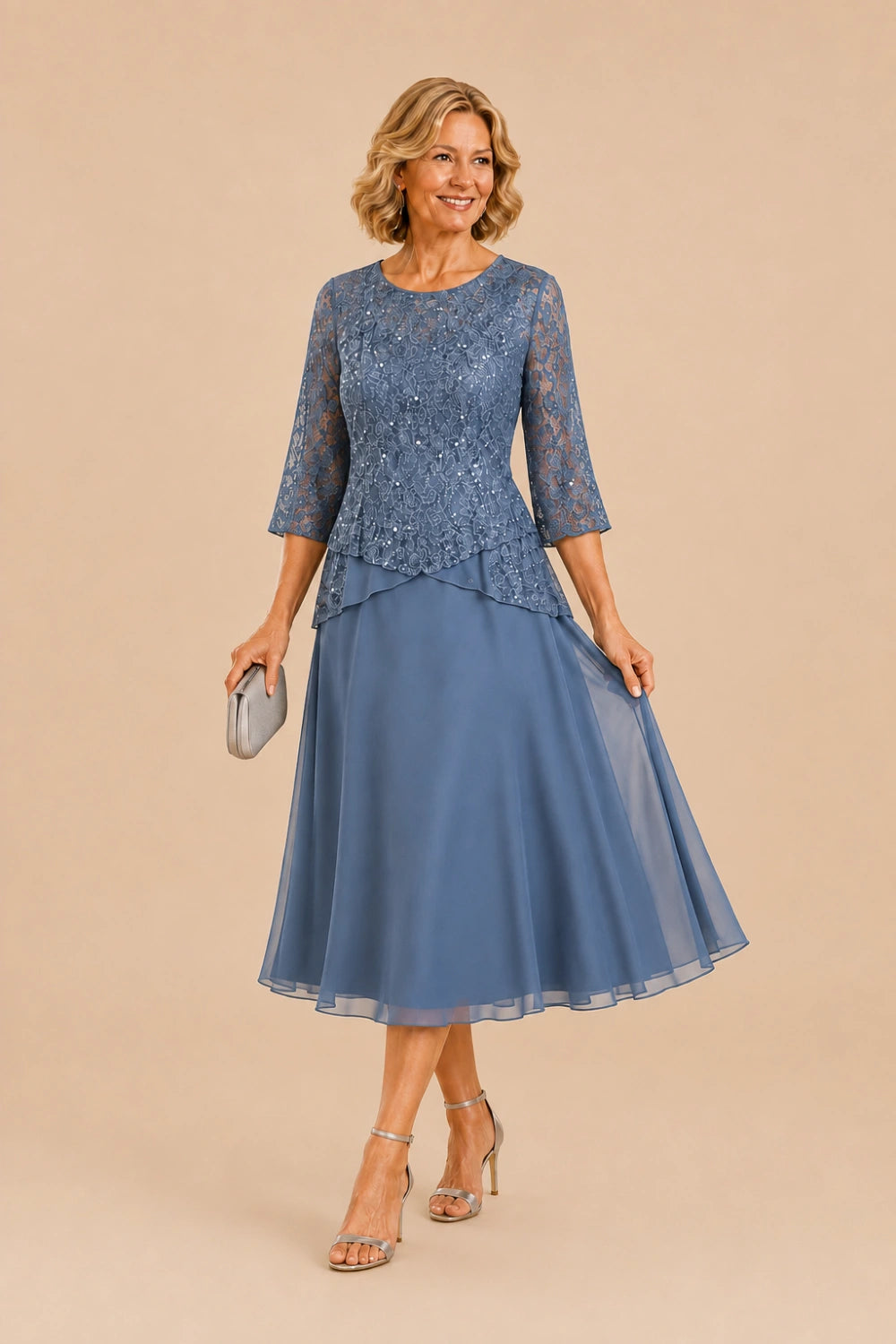 Beaded Lace Asymmetric Midi Chiffon Dress