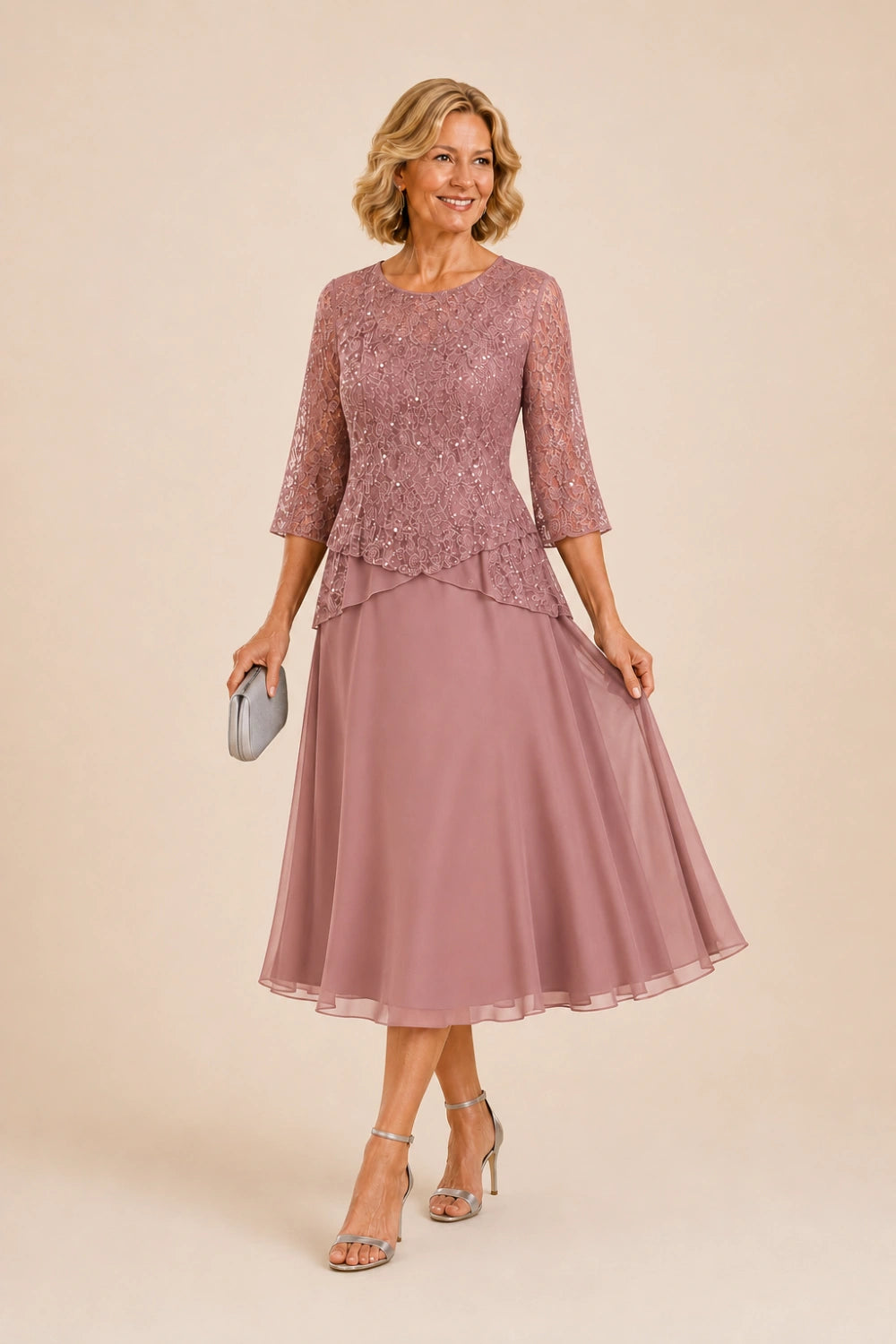 Beaded Lace Asymmetric Midi Chiffon Dress