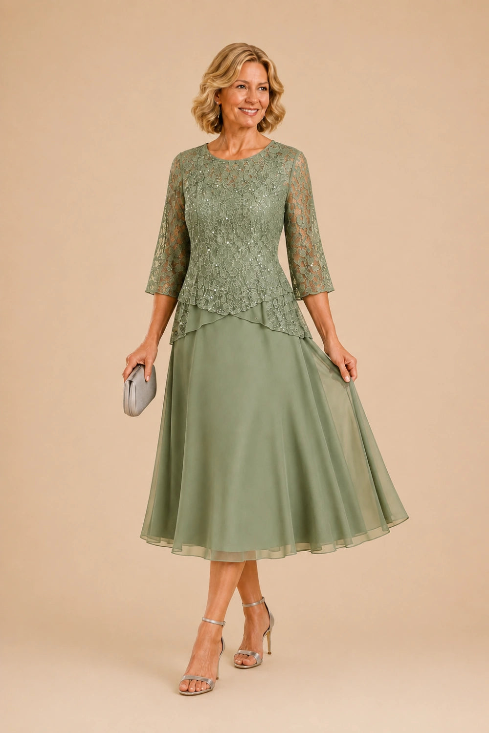 Beaded Lace Asymmetric Midi Chiffon Dress