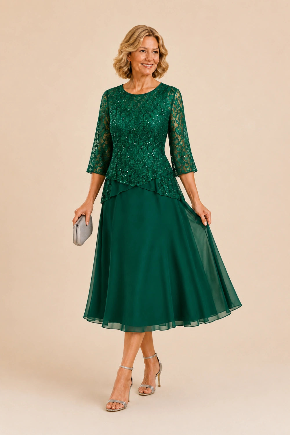 Beaded Lace Asymmetric Midi Chiffon Dress