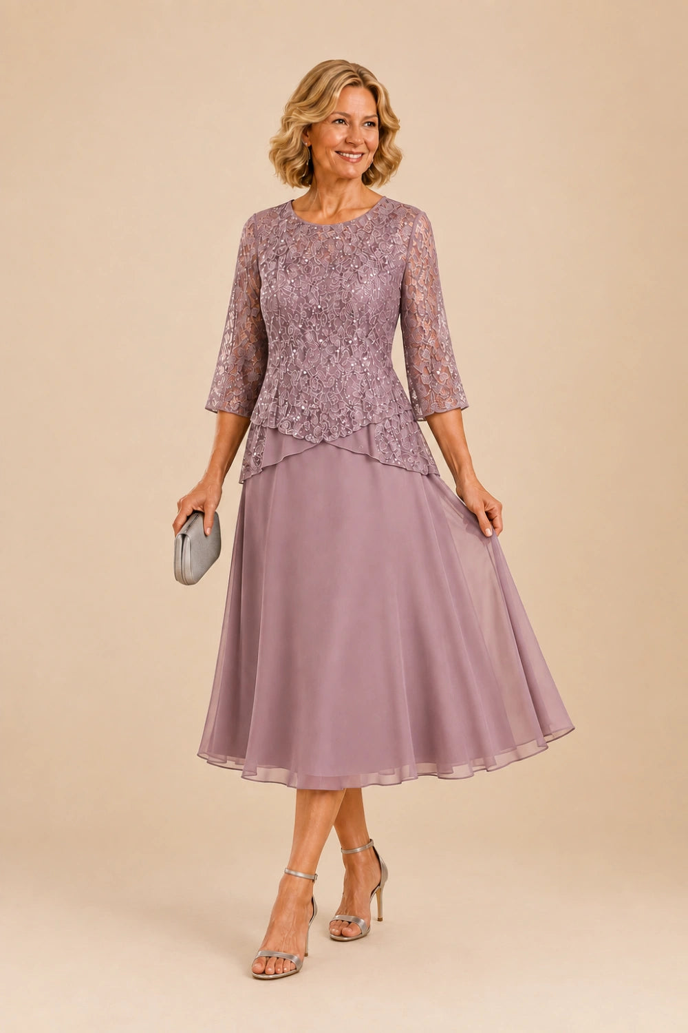 Beaded Lace Asymmetric Midi Chiffon Dress