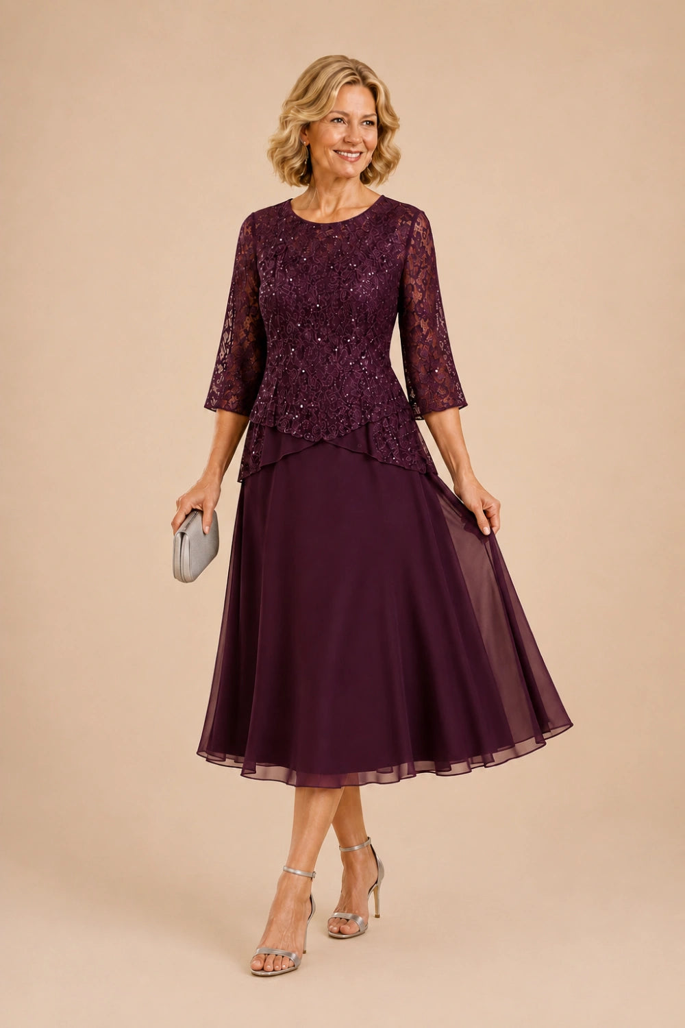 Beaded Lace Asymmetric Midi Chiffon Dress