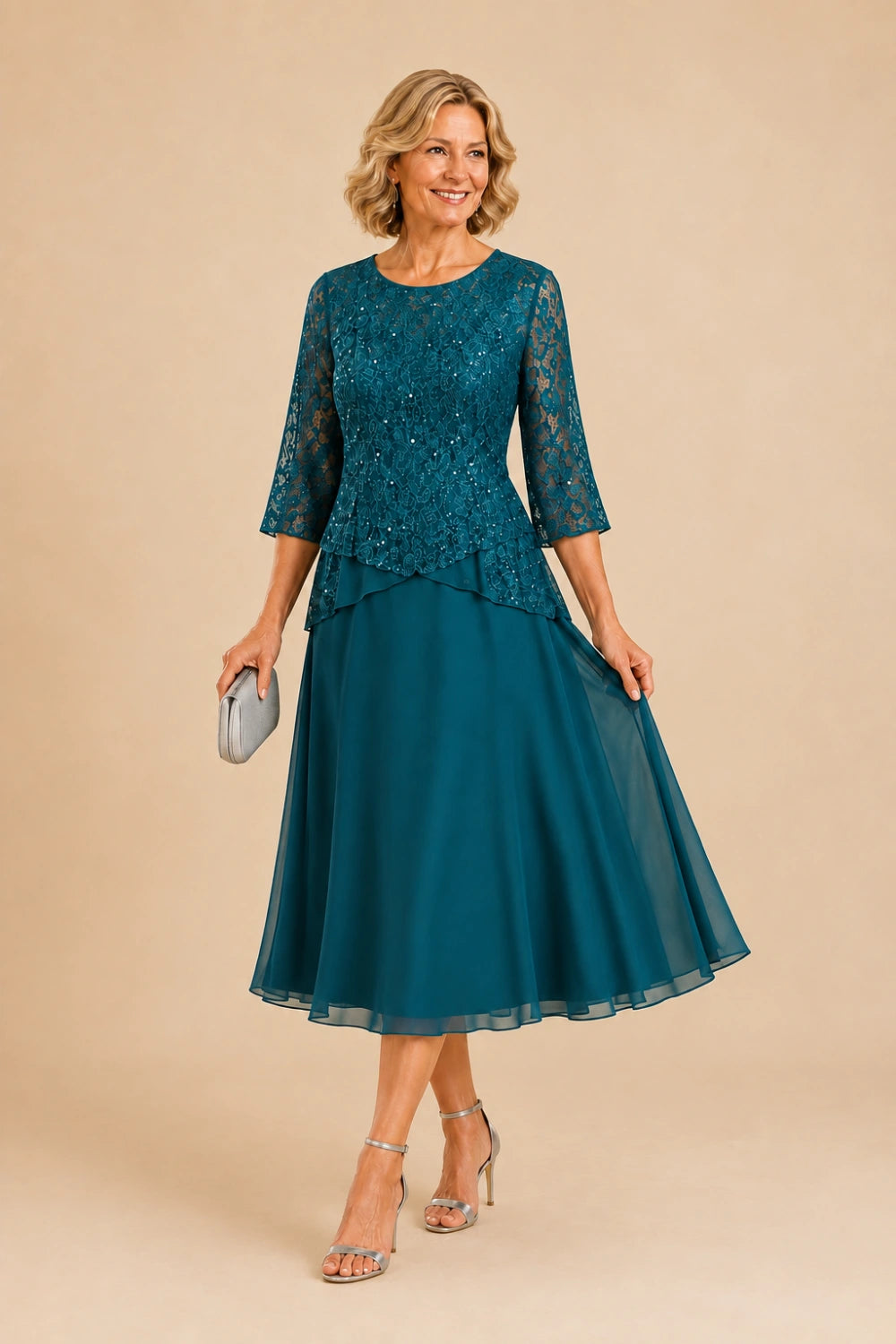 Beaded Lace Asymmetric Midi Chiffon Dress
