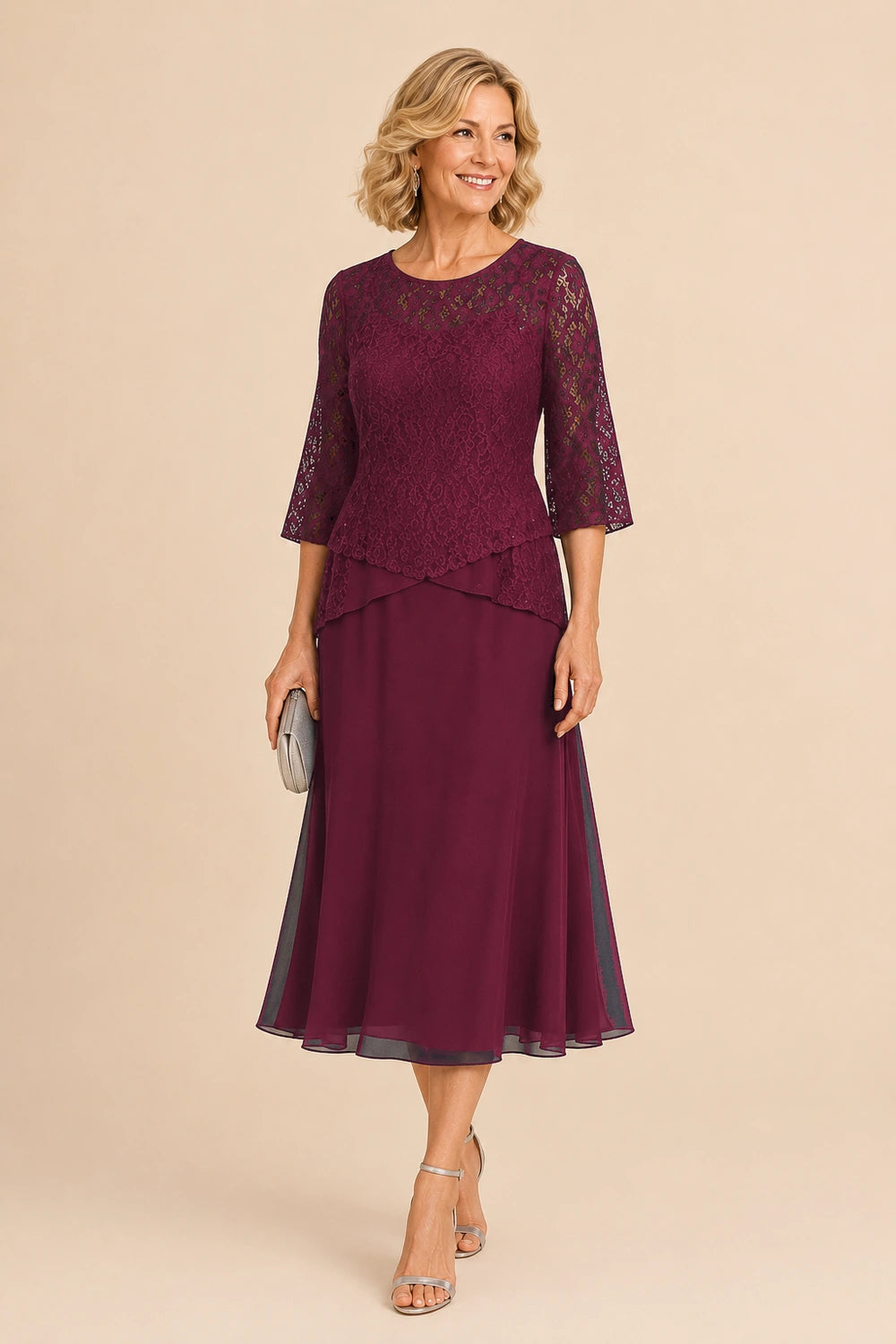 Beaded Lace Asymmetric Tea-Length Chiffon Dress