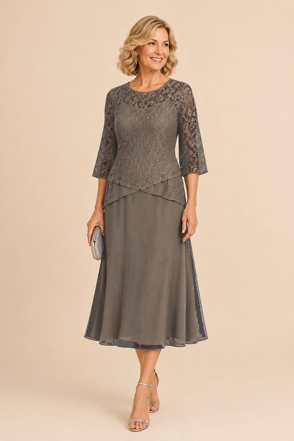 Beaded Lace Asymmetric Tea-Length Chiffon Dress