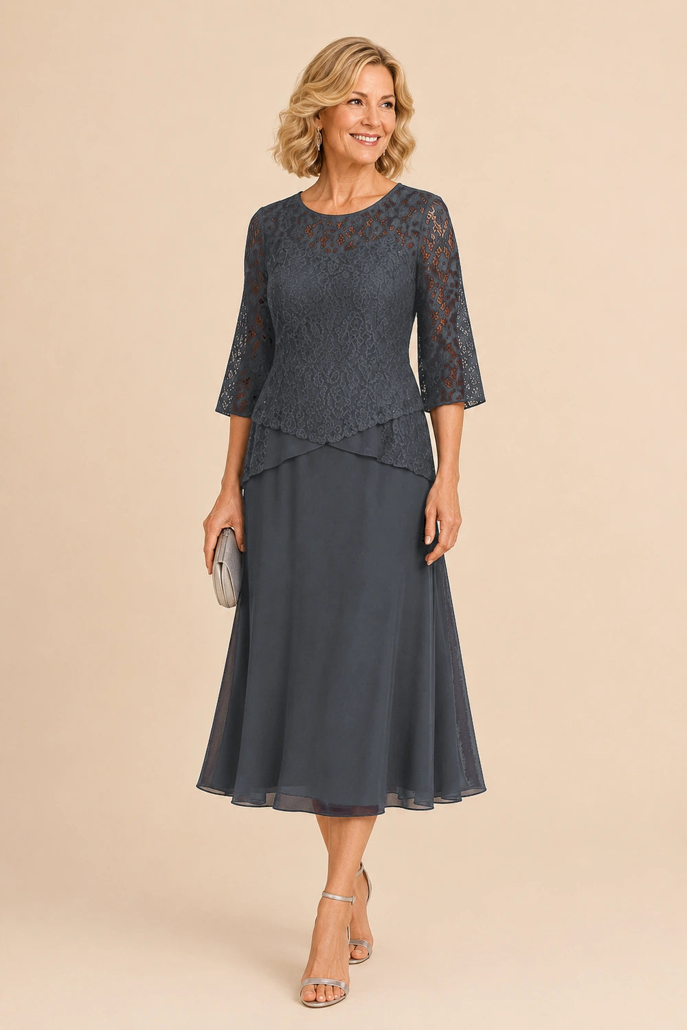 Beaded Lace Asymmetric Tea-Length Chiffon Dress