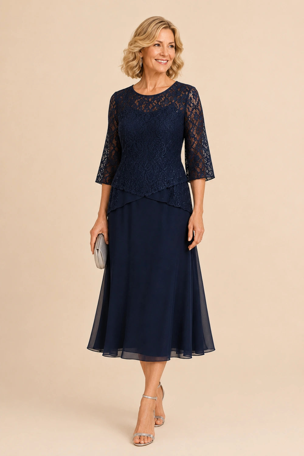 Beaded Lace Asymmetric Tea-Length Chiffon Dress