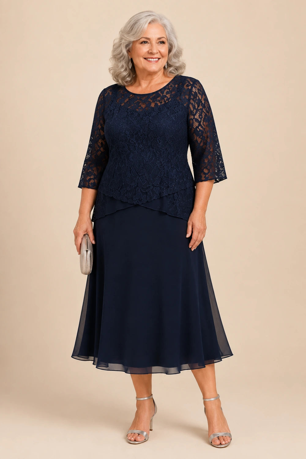 Beaded Lace Asymmetric Tea-Length Chiffon Dress