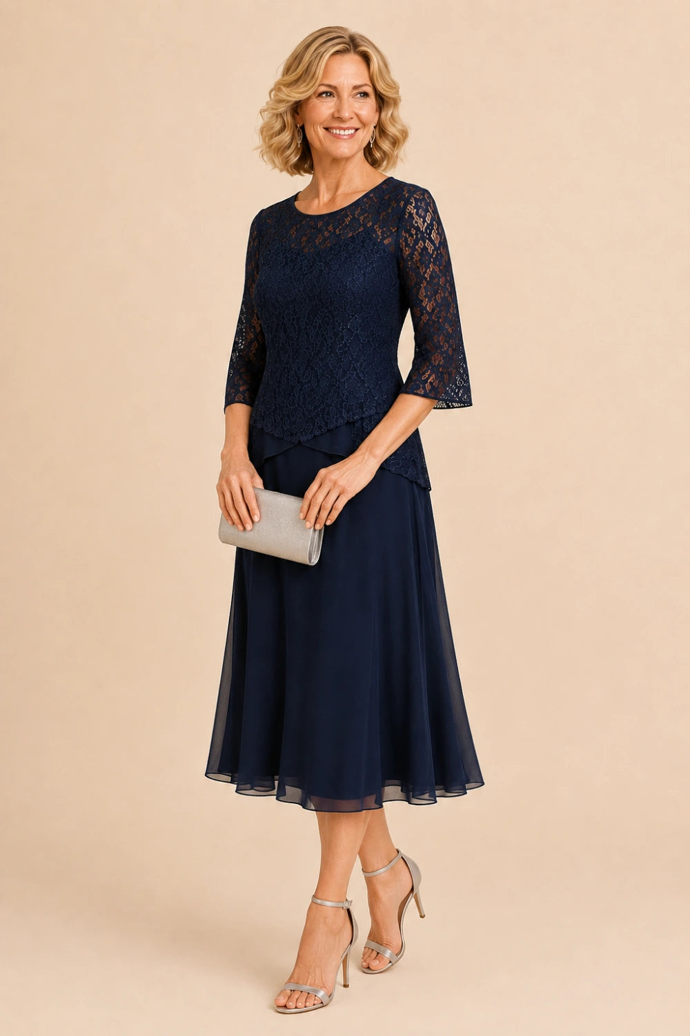 Beaded Lace Asymmetric Tea-Length Chiffon Dress