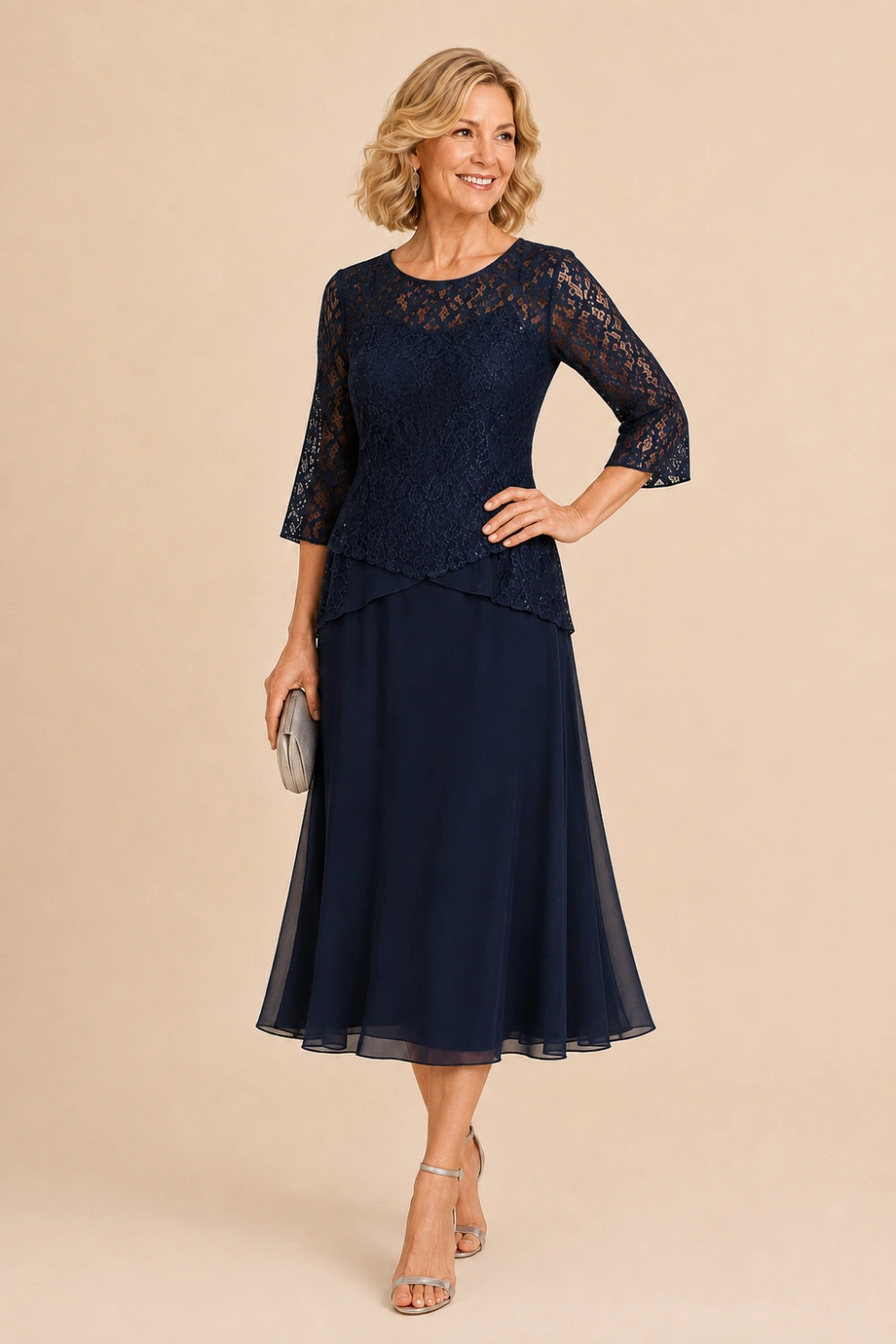 Beaded Lace Asymmetric Tea-Length Chiffon Dress