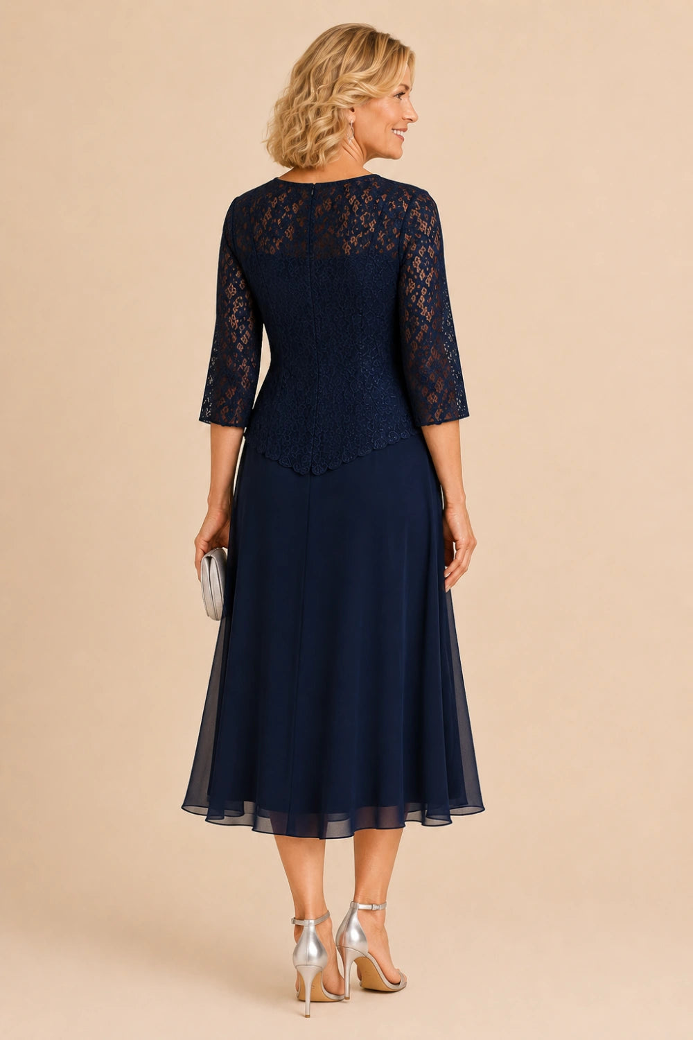 Beaded Lace Asymmetric Tea-Length Chiffon Dress