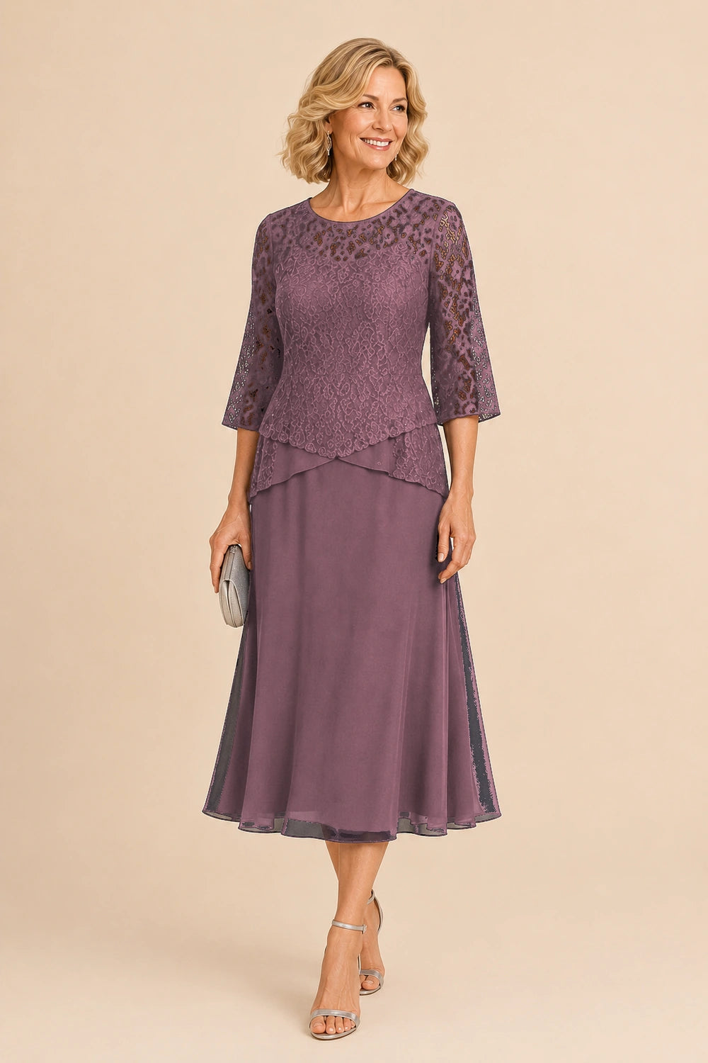 Beaded Lace Asymmetric Tea-Length Chiffon Dress