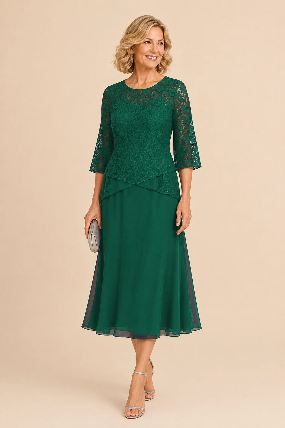 Beaded Lace Asymmetric Tea-Length Chiffon Dress