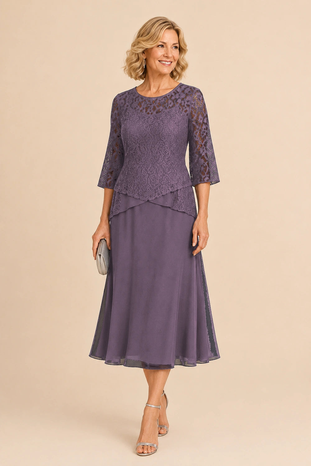 Beaded Lace Asymmetric Tea-Length Chiffon Dress