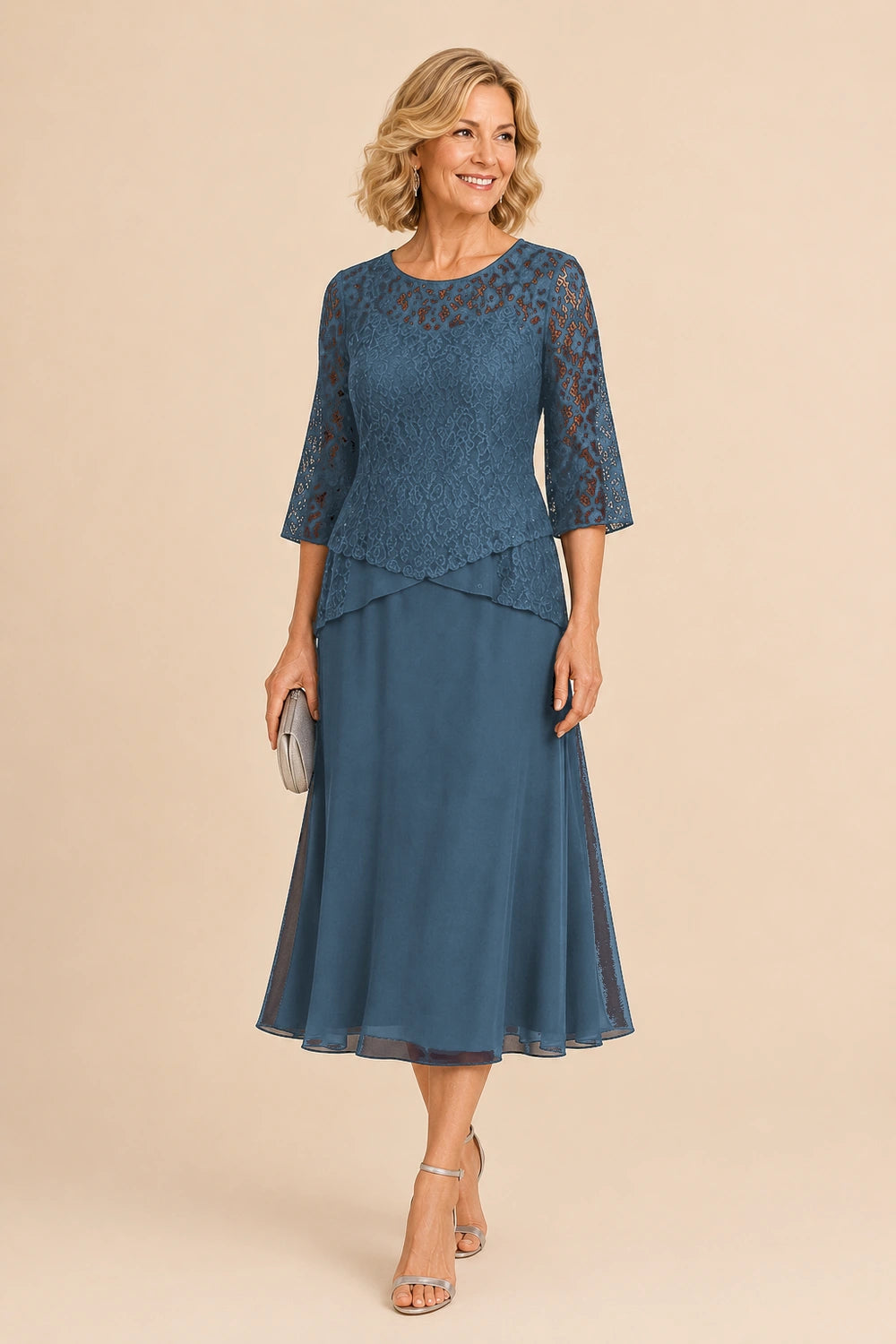 Beaded Lace Asymmetric Tea-Length Chiffon Dress