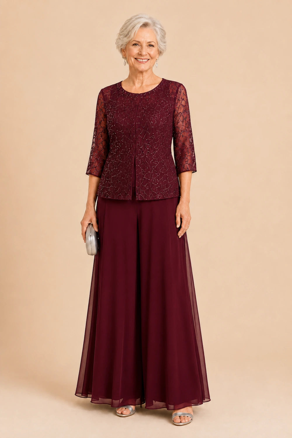 Beaded Lace Culotte Pant Suit with Chiffon Overlay
