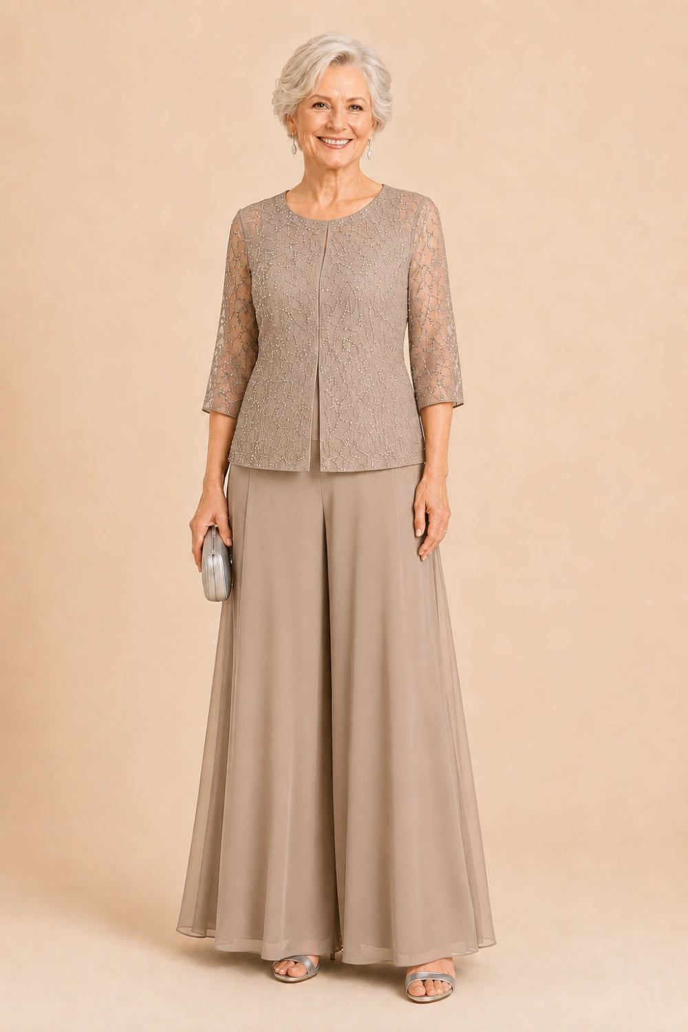 Beaded Lace Culotte Pant Suit with Chiffon Overlay