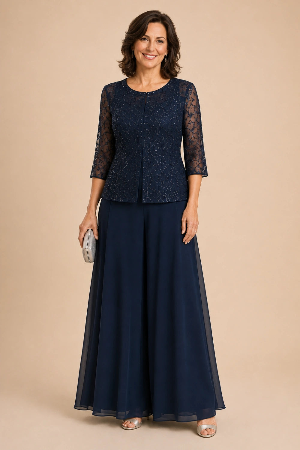 Beaded Lace Culotte Pant Suit with Chiffon Overlay