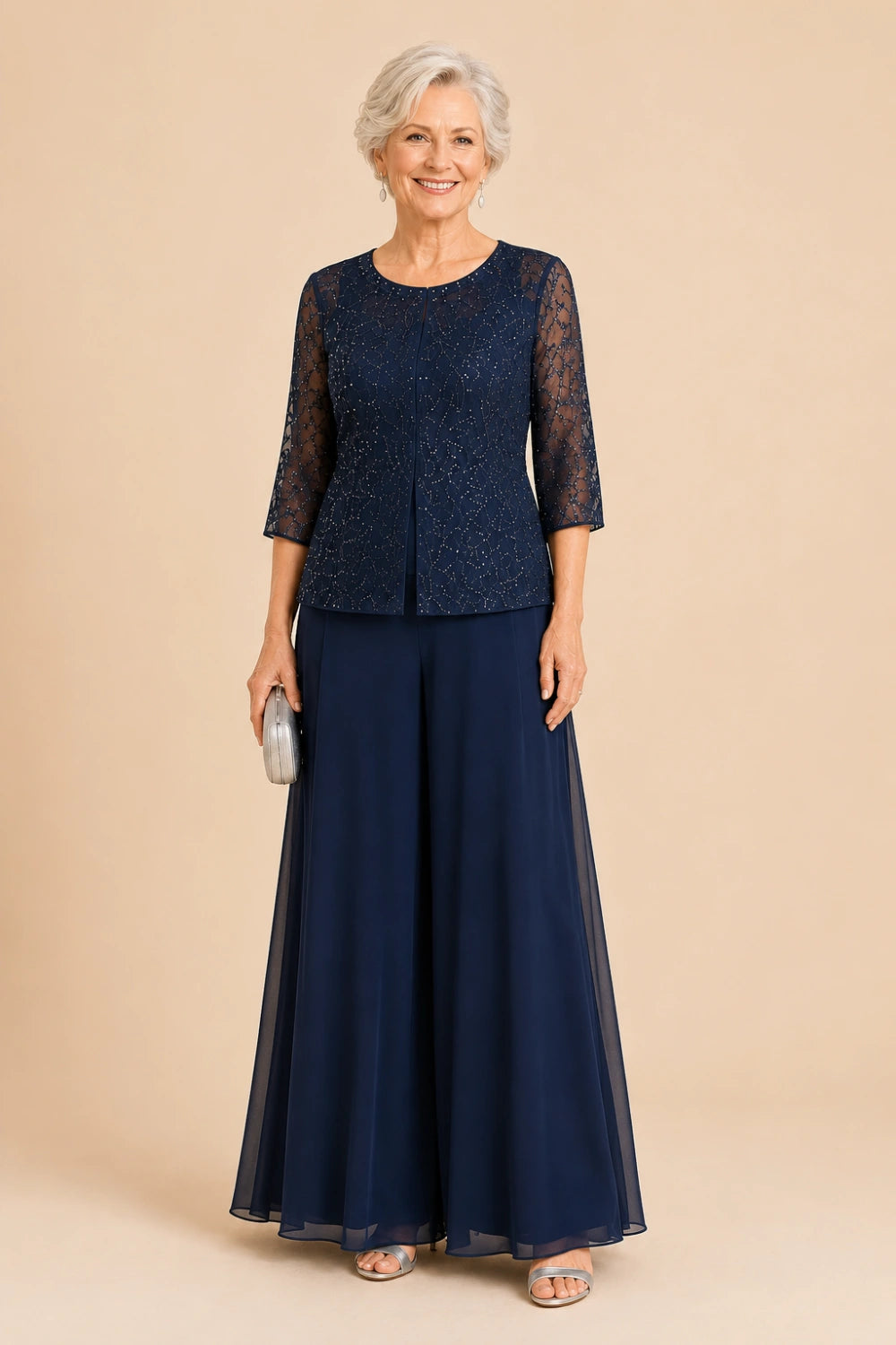 Beaded Lace Culotte Pant Suit with Chiffon Overlay
