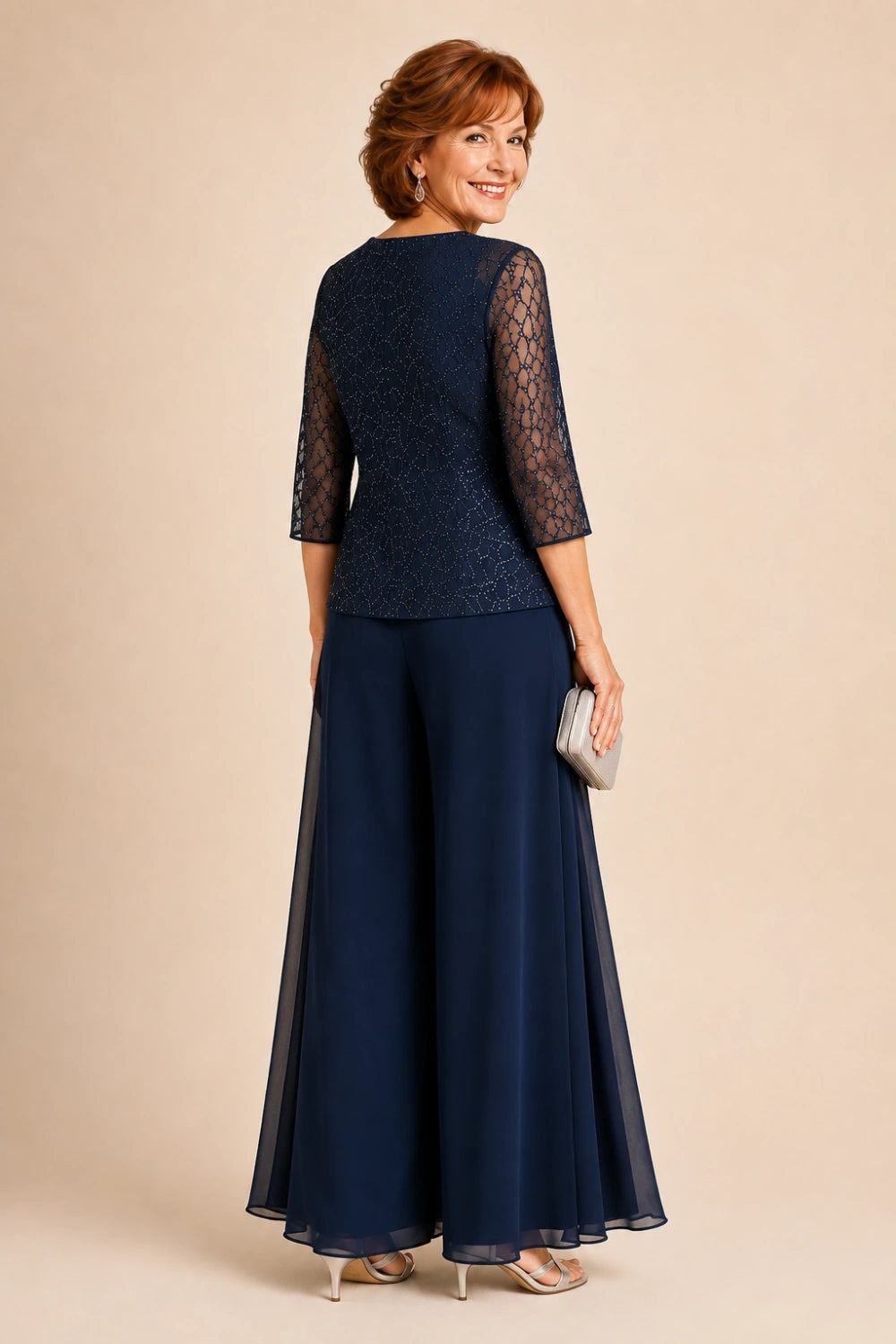 Beaded Lace Culotte Pant Suit with Chiffon Overlay