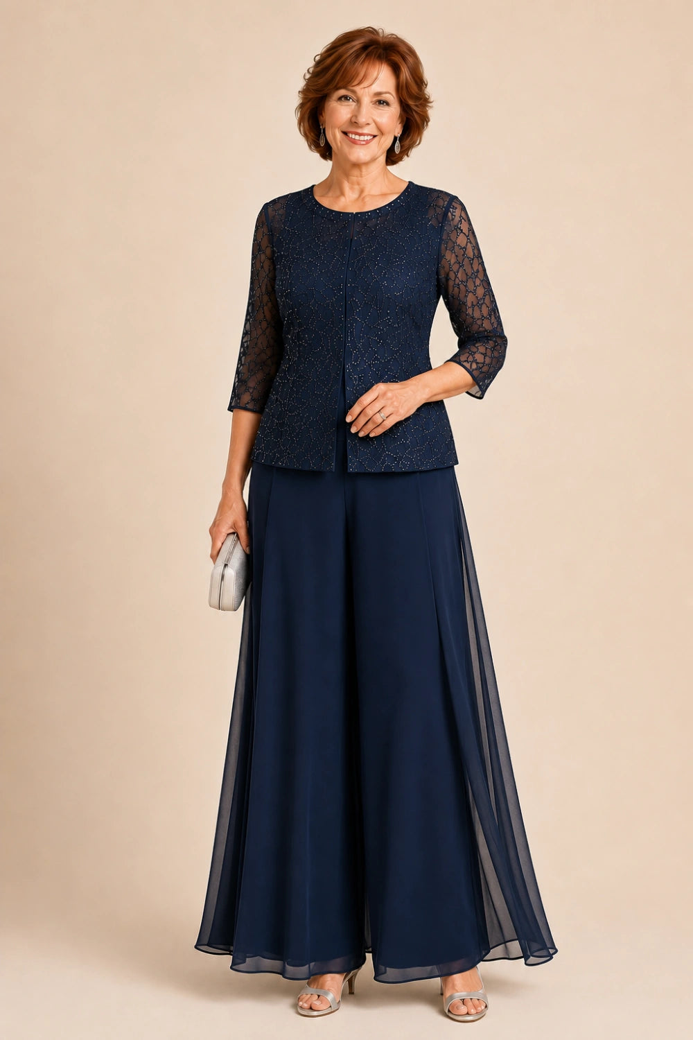 Beaded Lace Culotte Pant Suit with Chiffon Overlay