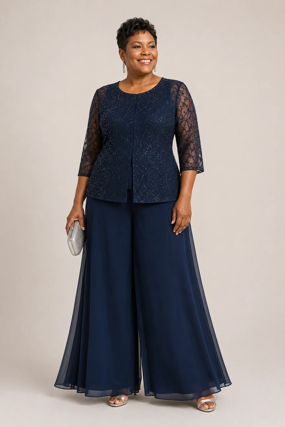 Beaded Lace Culotte Pant Suit with Chiffon Overlay
