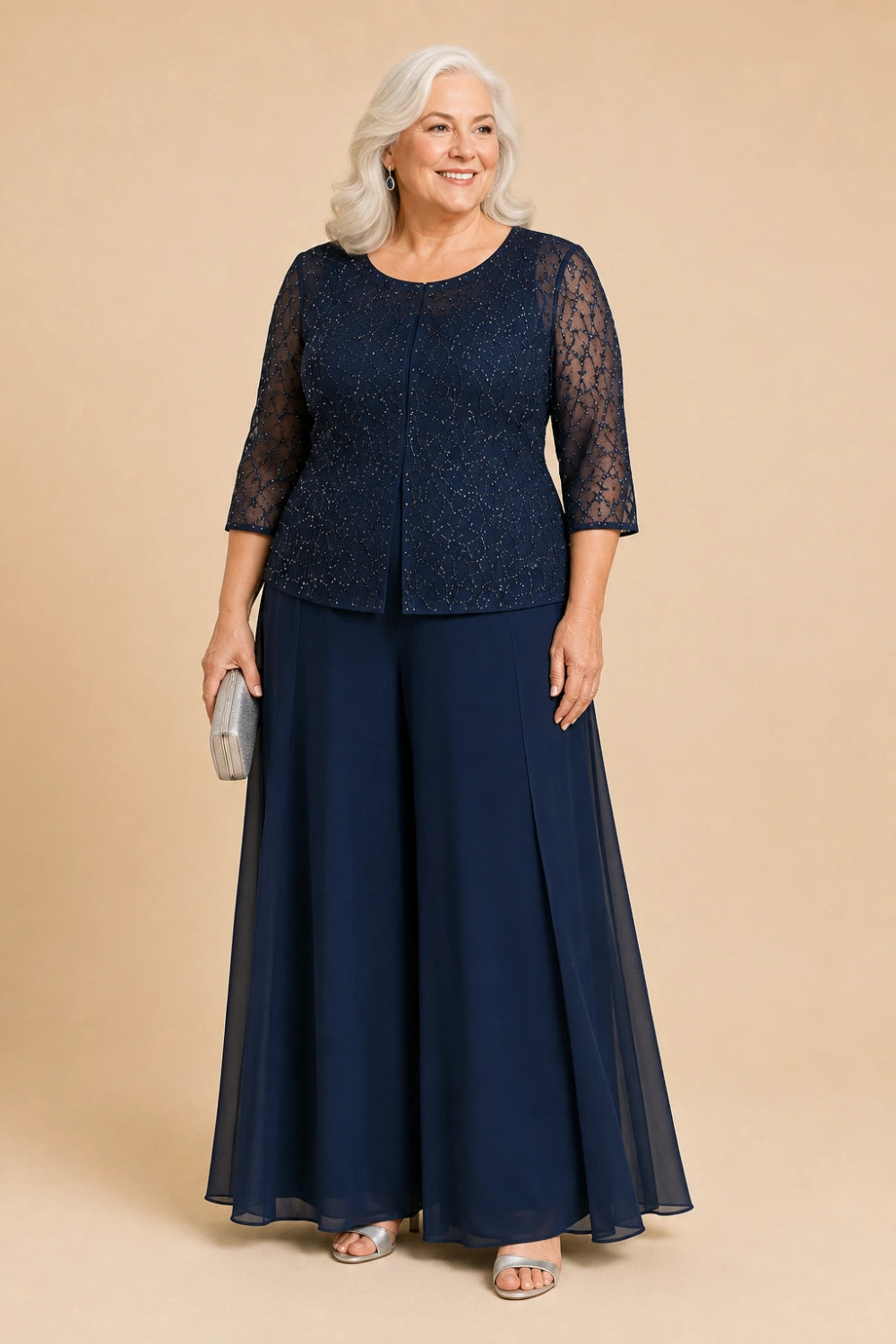 Beaded Lace Culotte Pant Suit with Chiffon Overlay
