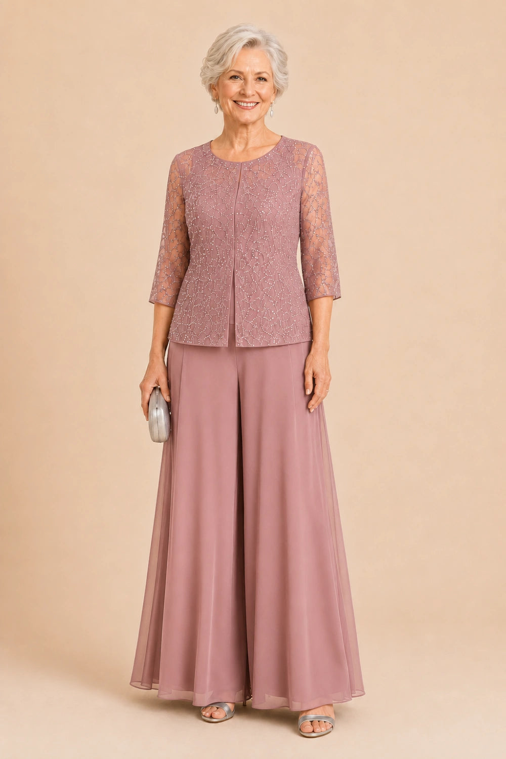 Beaded Lace Culotte Pant Suit with Chiffon Overlay