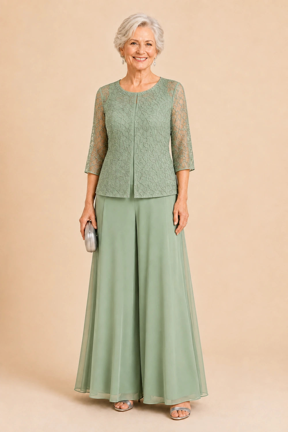 Beaded Lace Culotte Pant Suit with Chiffon Overlay