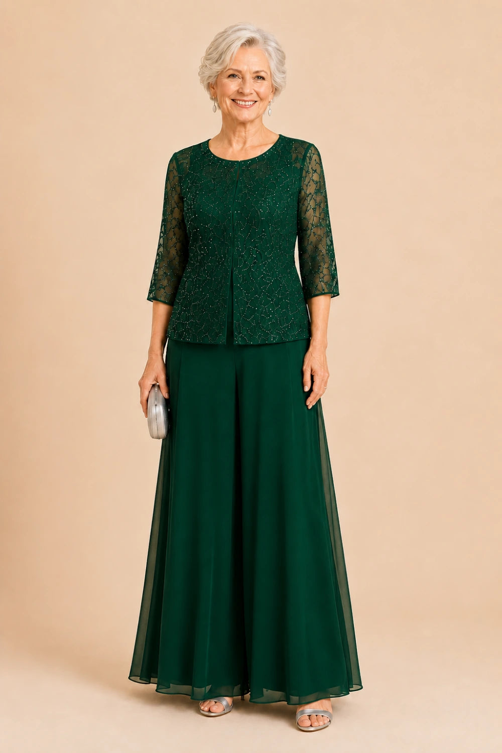 Beaded Lace Culotte Pant Suit with Chiffon Overlay