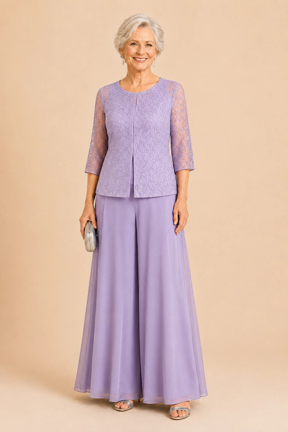 Beaded Lace Culotte Pant Suit with Chiffon Overlay
