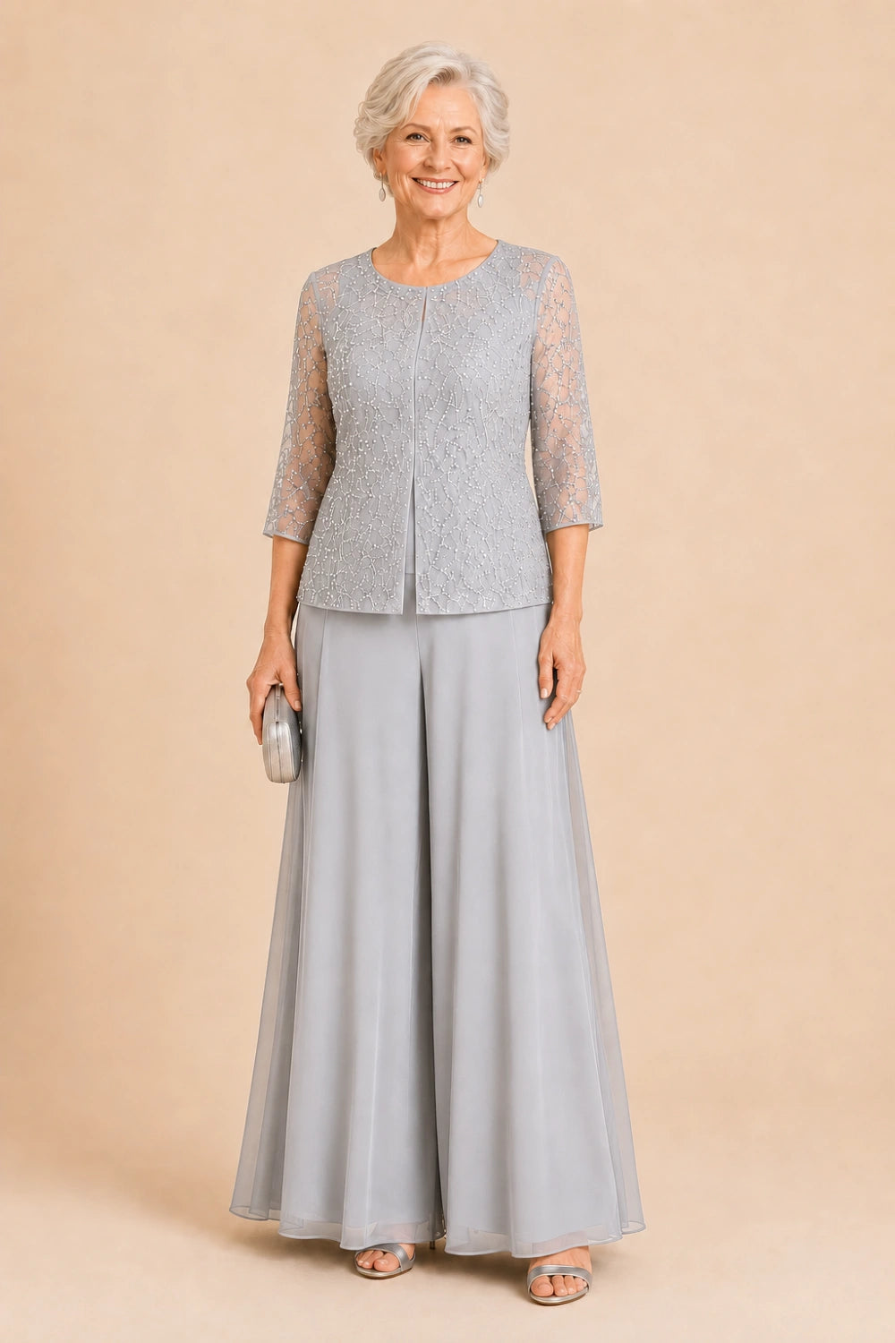 Beaded Lace Culotte Pant Suit with Chiffon Overlay