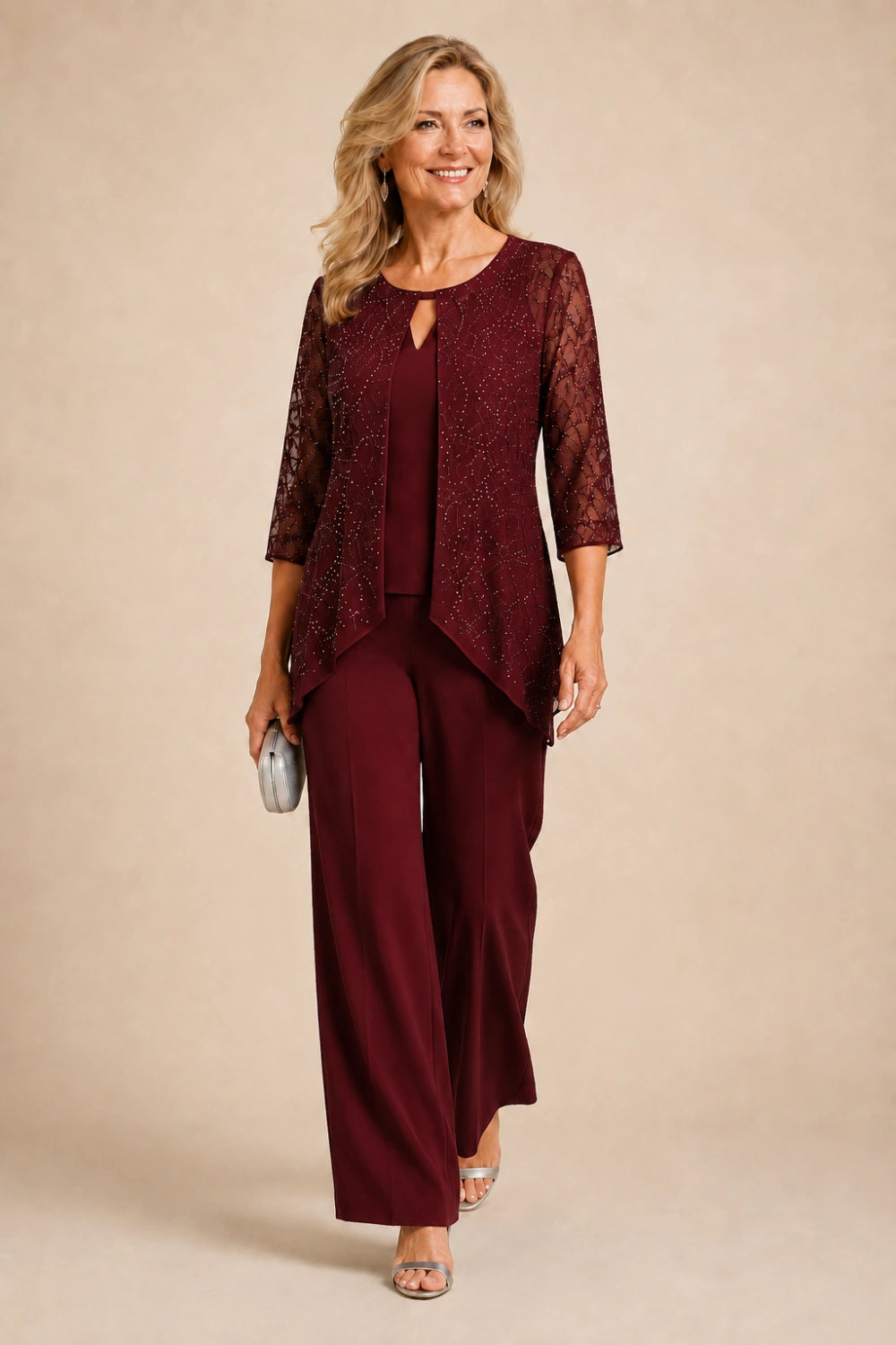 Beaded Lace Layered Wide-Leg Pant Suit