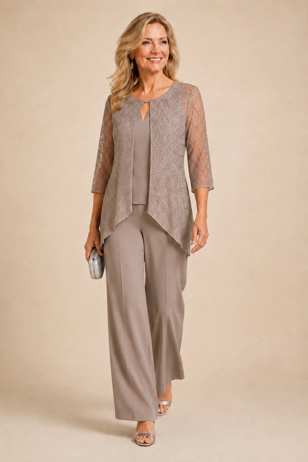 Beaded Lace Layered Wide-Leg Pant Suit