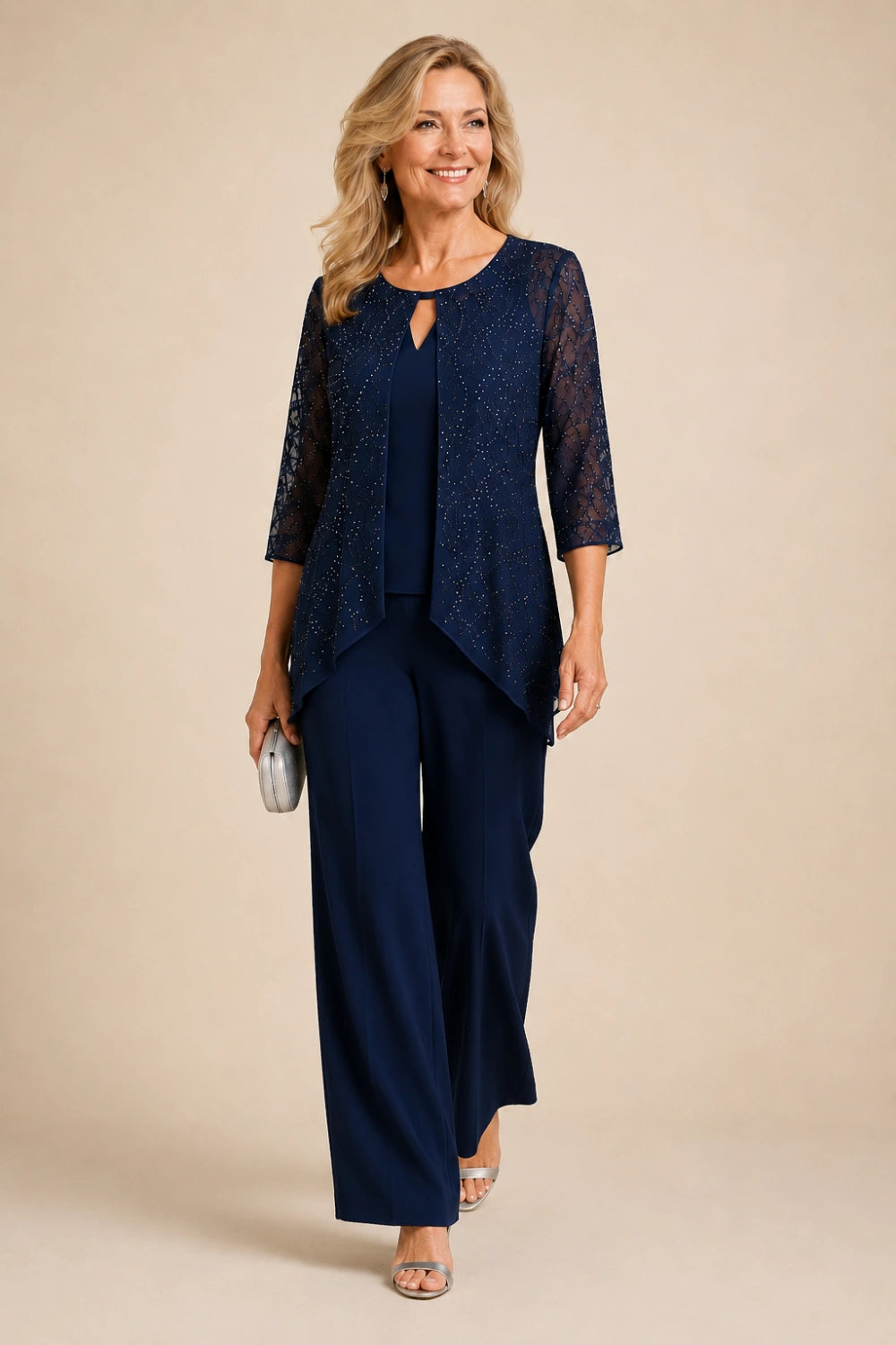 Beaded Lace Layered Wide-Leg Pant Suit