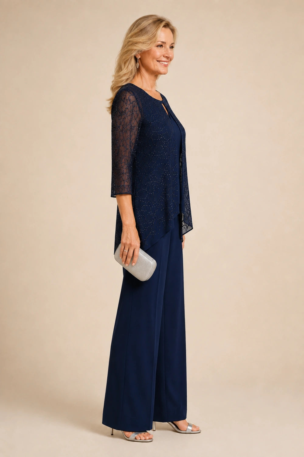 Beaded Lace Layered Wide-Leg Pant Suit