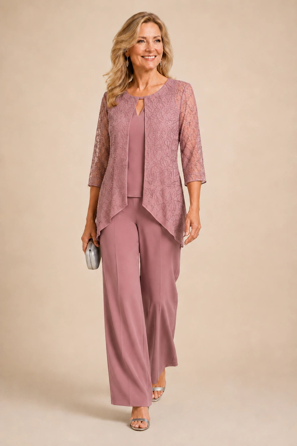 Beaded Lace Layered Wide-Leg Pant Suit